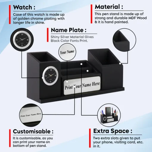Personalised Matt Black Wooden Desk Organiser with Name Plate, Mobile stand, Pen Stand, Clock and Card Holder (Silver)