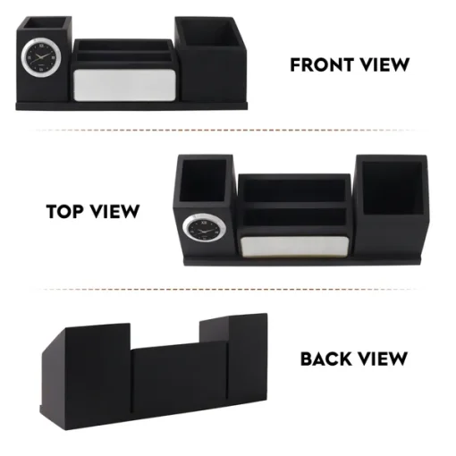 Personalised Matt Black Wooden Desk Organiser with Name Plate, Mobile stand, Pen Stand, Clock and Card Holder (Silver)