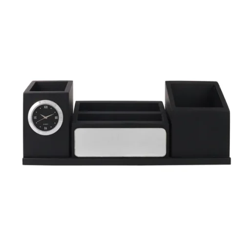 Personalised Matt Black Wooden Desk Organiser with Name Plate, Mobile stand, Pen Stand, Clock and Card Holder (Silver)