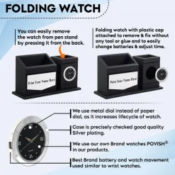 Personalised Matt Black Wooden Desk Organiser with Name Plate, Mobile stand, Pen Stand, and Clock