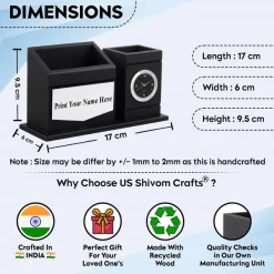 Personalised Matt Black Wooden Desk Organiser with Name Plate, Mobile stand, Pen Stand, and Clock