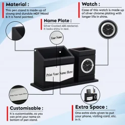 Personalised Matt Black Wooden Desk Organiser with Name Plate, Mobile stand, Pen Stand, and Clock