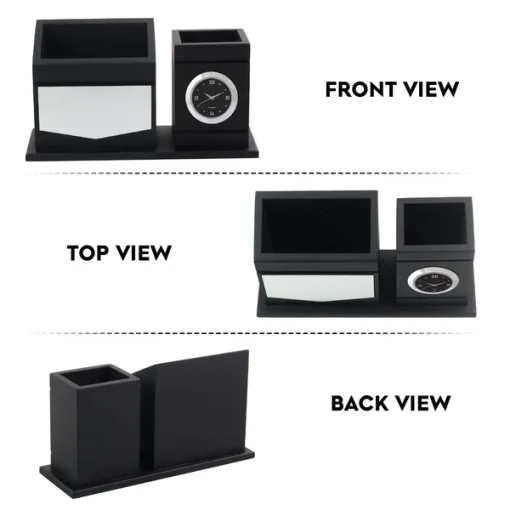 Personalised Matt Black Wooden Desk Organiser with Name Plate, Mobile stand, Pen Stand, and Clock
