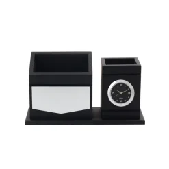 Personalised Matt Black Wooden Desk Organiser with Name Plate, Mobile stand, Pen Stand, and Clock