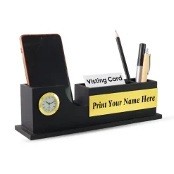 Personalised Matt Black Wooden Desktop with Name Plate, Mobile stand, Pen Stand, Clock and Card Holder