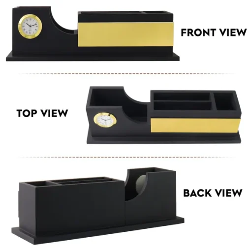 Personalised Matt Black Wooden Desktop with Name Plate, Mobile stand, Pen Stand, Clock and Card Holder