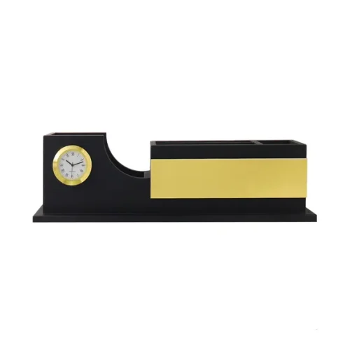 Personalised Matt Black Wooden Desktop with Name Plate, Mobile stand, Pen Stand, Clock and Card Holder