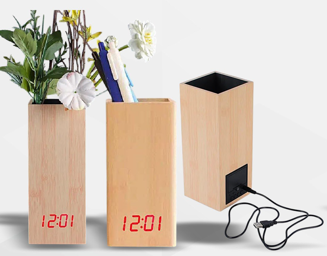 RMX 15 Wooden Flower Vase with Digital Clock