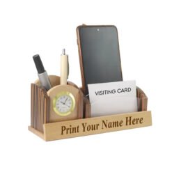 Beige Wooden Pen Stand with Personalised Name with Clock and Mobile Stand and card Holder