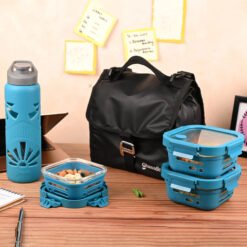 Glasafe Lunch Meal Office Combo with Lunch Bag Set of 5 (Tiffin: 320mlx1 + 520mlx2 + Bottle: 750ml)