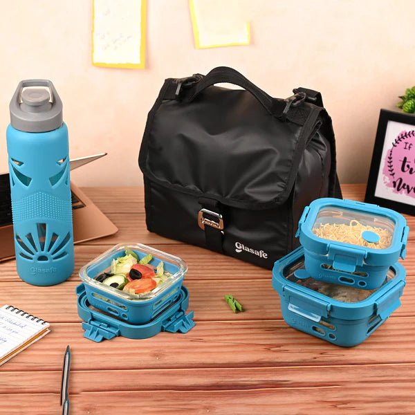 Glasafe Trio Munch Office Combo with Lunch Bag Set of 5 (Tiffin: 320mlx2 + 520mlx1 + Bottle: 750ml) 3 Glasafe Trio Munch Office Combo with Lunch Bag Set of 5 (Tiffin: 320mlx2 + 520mlx1 + Bottle: 750ml)