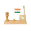 Personalised Beige Wooden Desk Name Plate with National Flag and Ashoka Pillar and Clock.5