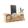 Personalised Beige Wooden Desk Organiser With Clock, Card ,Mobile Holder And Pen Stand