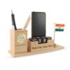 Personalised Beige Wooden Desk Organiser with Clock Calendar Pen Stand and Indian Flag