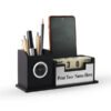 Personalised Black with Printed Name Plate with Calendar Mobile stand Pen Stand and Clock Silver
