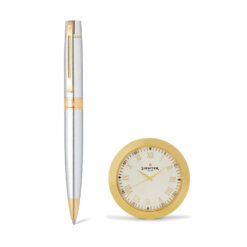 Sheaffer Gift Set 300 G9342 Bright Chrome With Gold Tone Trims Bp With Gold Plated Table Clock