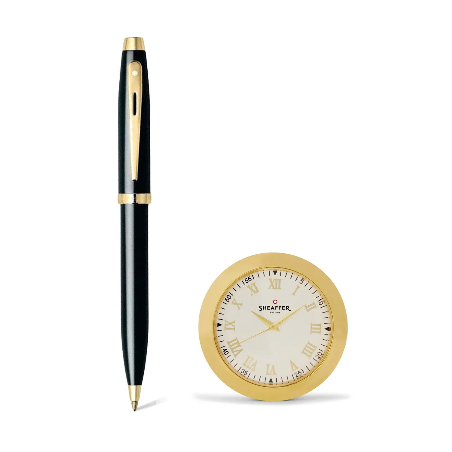 Sheaffer Gift Set 100 G9322 Glossy Black With Gold Tone Trims Bp With Gold Plated Table Clock 3 Sheaffer Gift Set 100 G9322 Glossy Black With Gold Tone Trims Bp With Gold Plated Table Clock